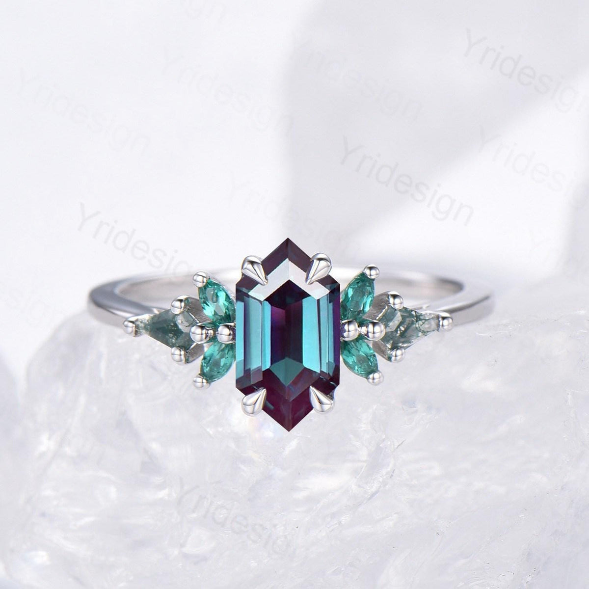Vintage long hexagon alexandrite engagement ring set Unique cluster marquise emerald kite moss agate bridal set opal amethyst stacking band