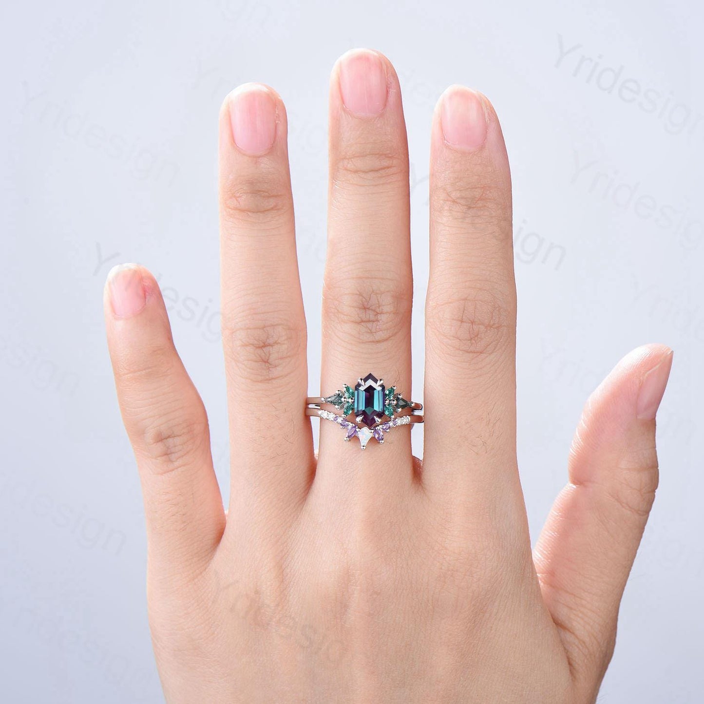 Vintage long hexagon alexandrite engagement ring set Unique cluster marquise emerald kite moss agate bridal set opal amethyst stacking band