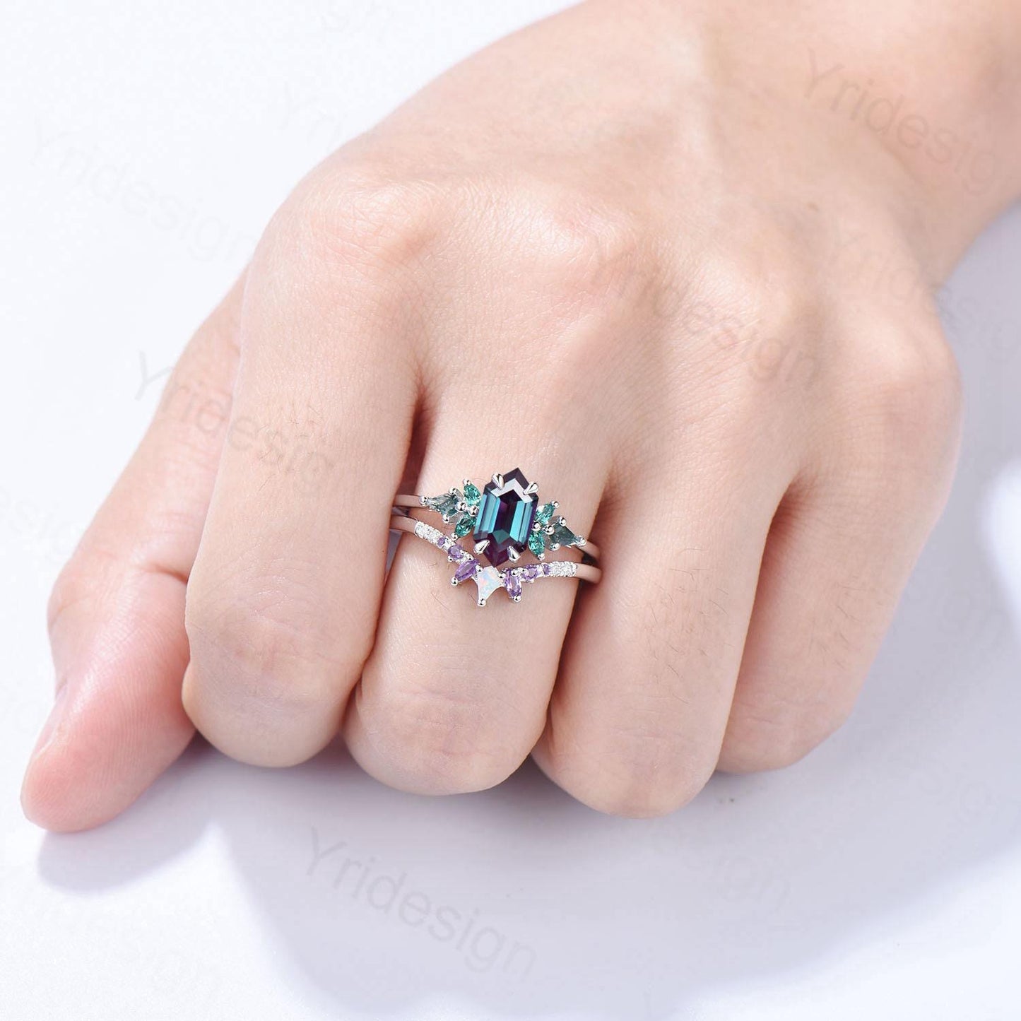 Vintage long hexagon alexandrite engagement ring set Unique cluster marquise emerald kite moss agate bridal set opal amethyst stacking band