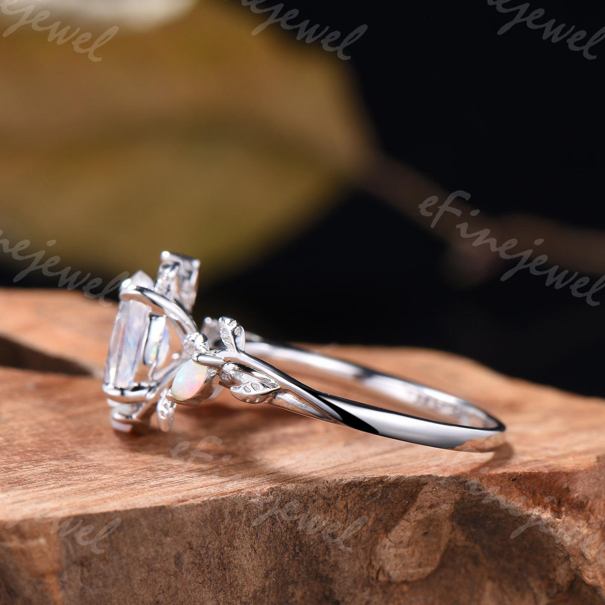 Oval Moonstone Engagement Ring, Leaf Vine Opal Accent, 14K Gold