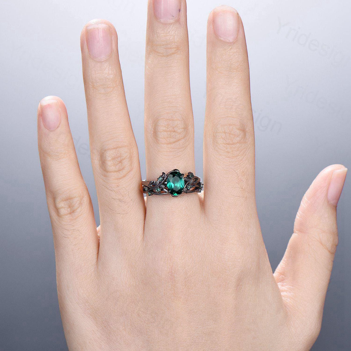 Black Gold Oval Emerald Engagement Ring Set Vintage Vine Branch Bridal Set