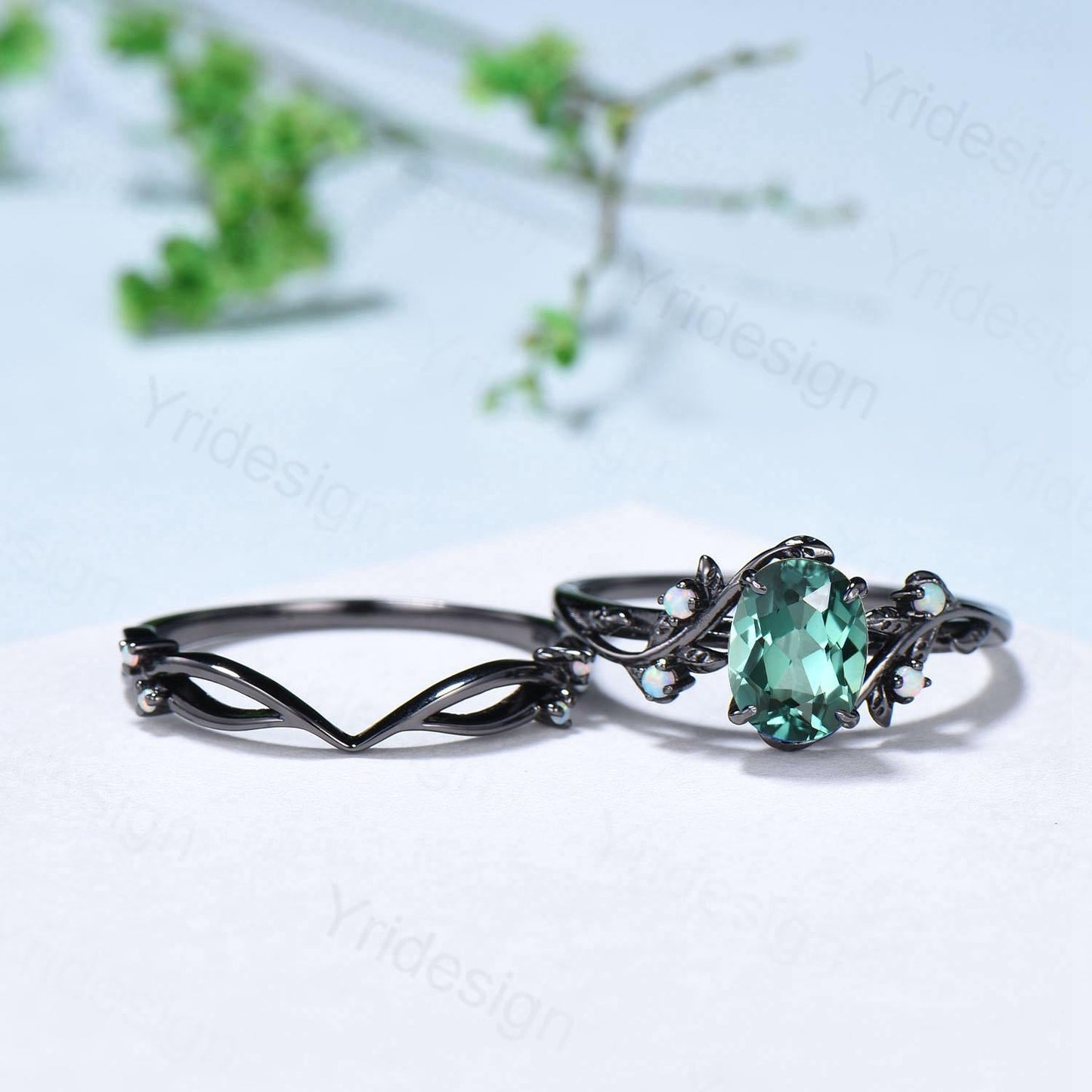 Natural Inspired black gold green sapphire wedding ring set unique leaf engagement ring Art deco   cluster opal band ring women Bridal Set
