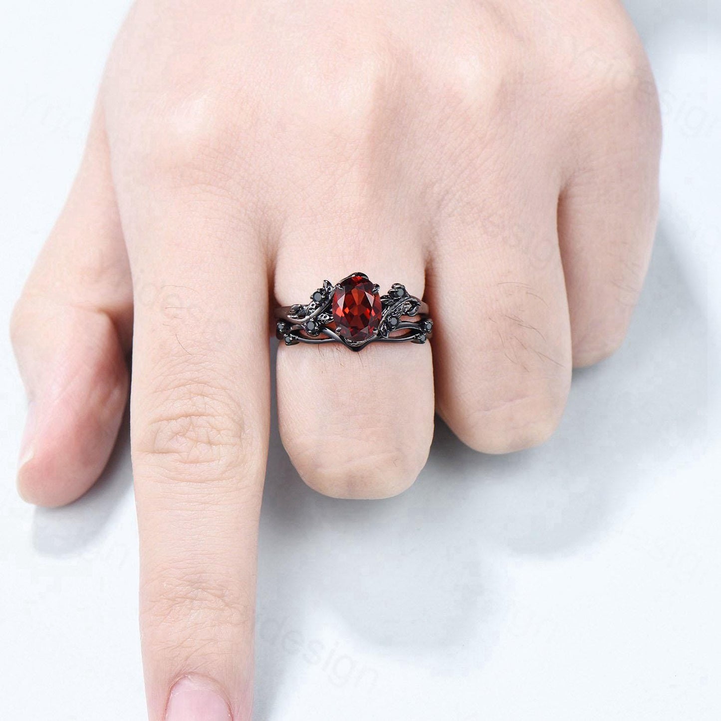 Nature Inspired black gold garnet ring set Unique garnet leaf engagement ring women cluster spinel January birthstone bridal ring set women