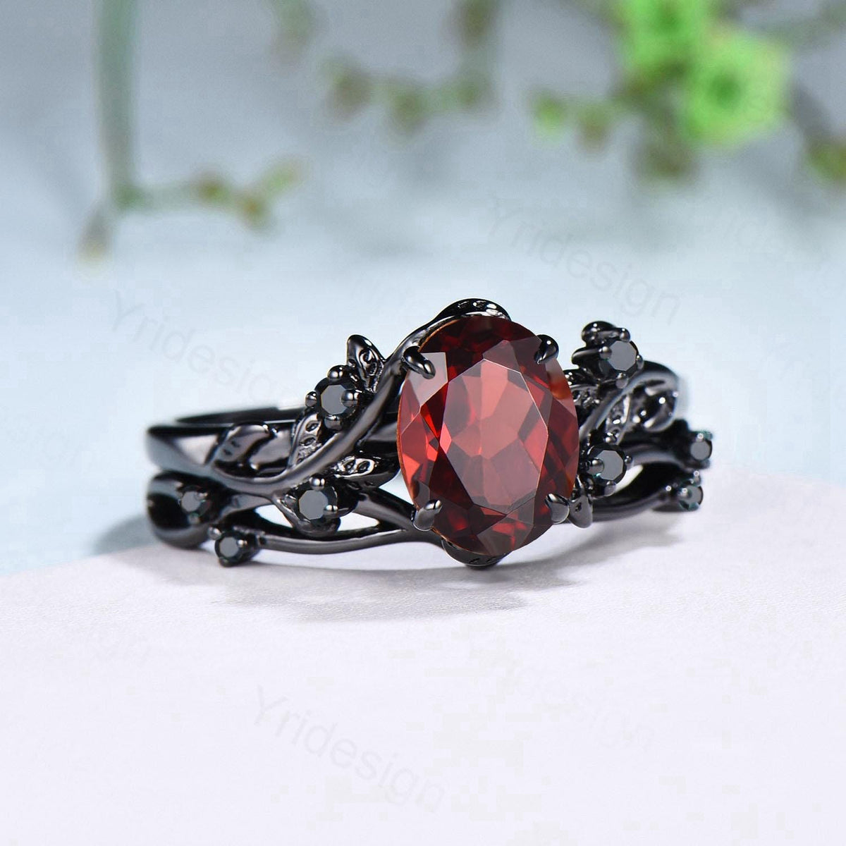 Nature Inspired black gold garnet ring set Unique garnet leaf engagement ring women cluster spinel January birthstone bridal ring set women