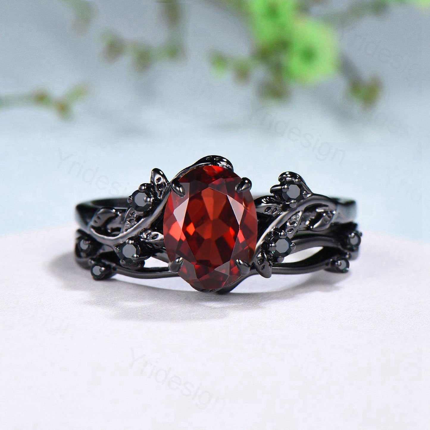 Nature Inspired black gold garnet ring set Unique garnet leaf engagement ring women cluster spinel January birthstone bridal ring set women