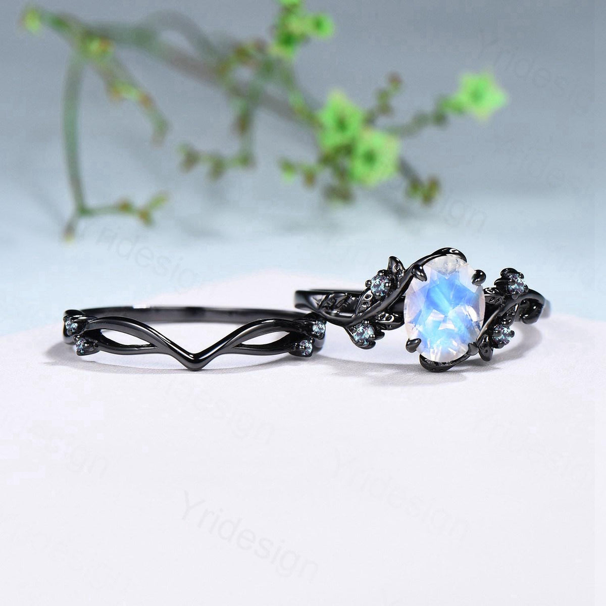 Unique black gold moonstone ring set Nature Inspired June birthstone engagement ring vintage cluster alexandrite Leaf wedding ring set women