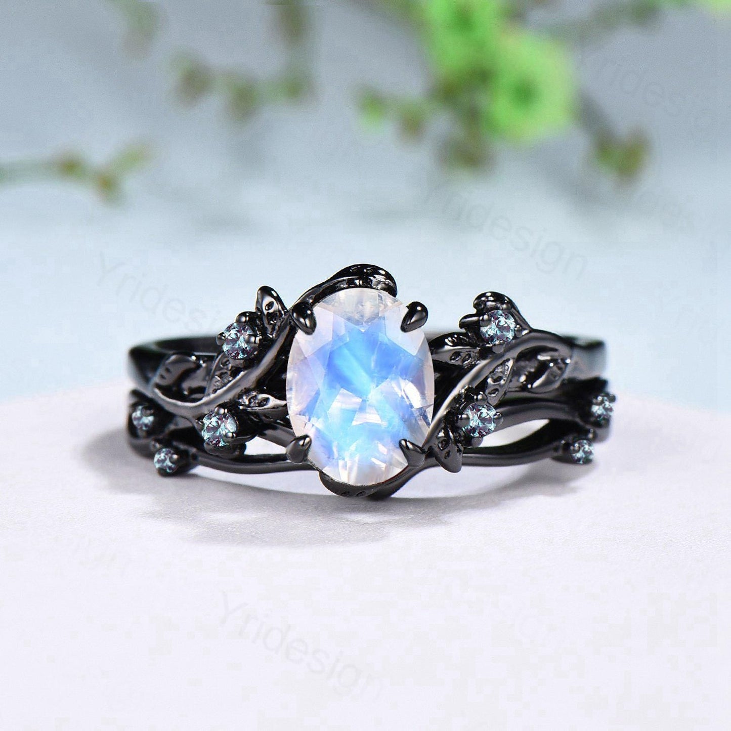 Unique black gold moonstone ring set Nature Inspired June birthstone engagement ring vintage cluster alexandrite Leaf wedding ring set women