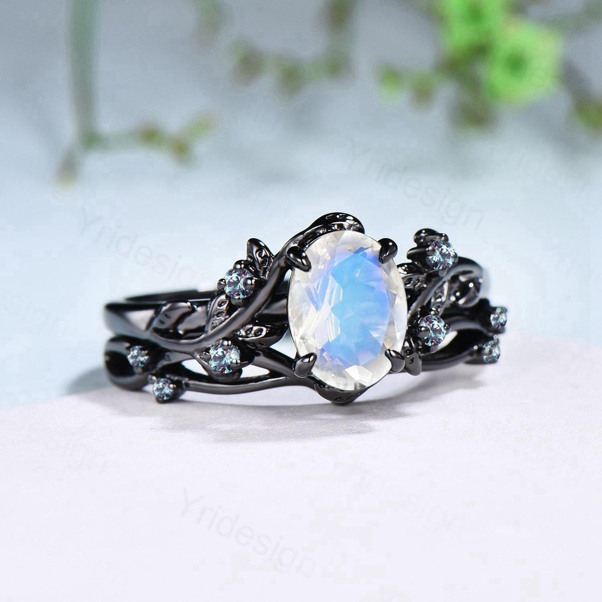 Unique black gold moonstone ring set Nature Inspired June birthstone engagement ring vintage cluster alexandrite Leaf wedding ring set women