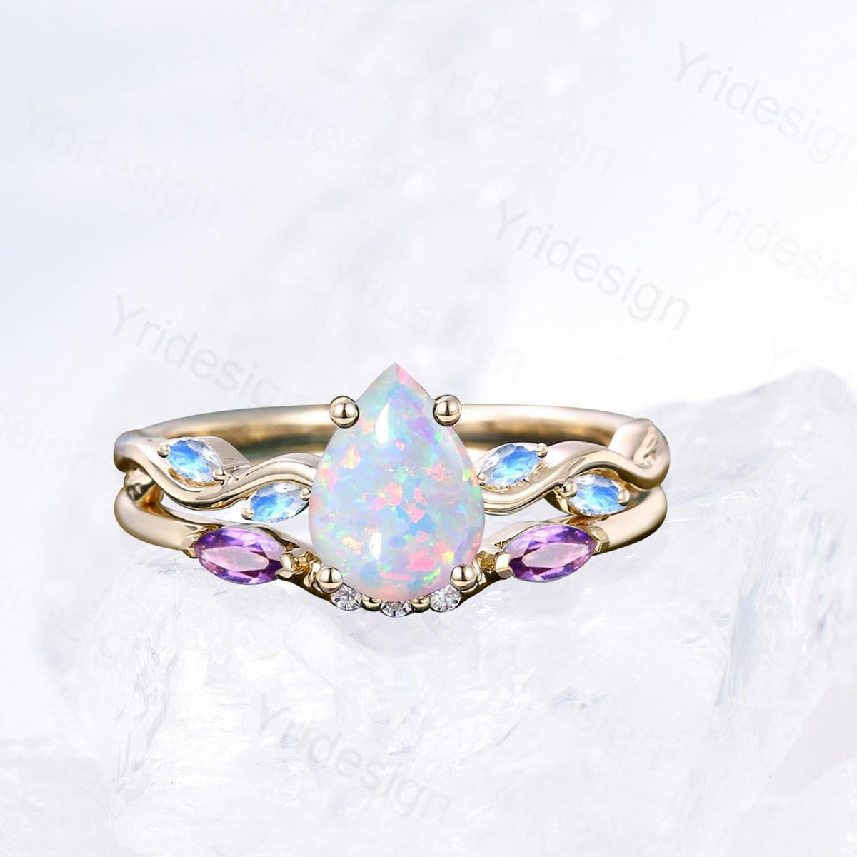 Vintage Pear Shaped White Opal Engagement Ring Set Unique Marquise Moonstone Opal Wedding Ring Set Rose Gold  Amethyst Stacking Band Women