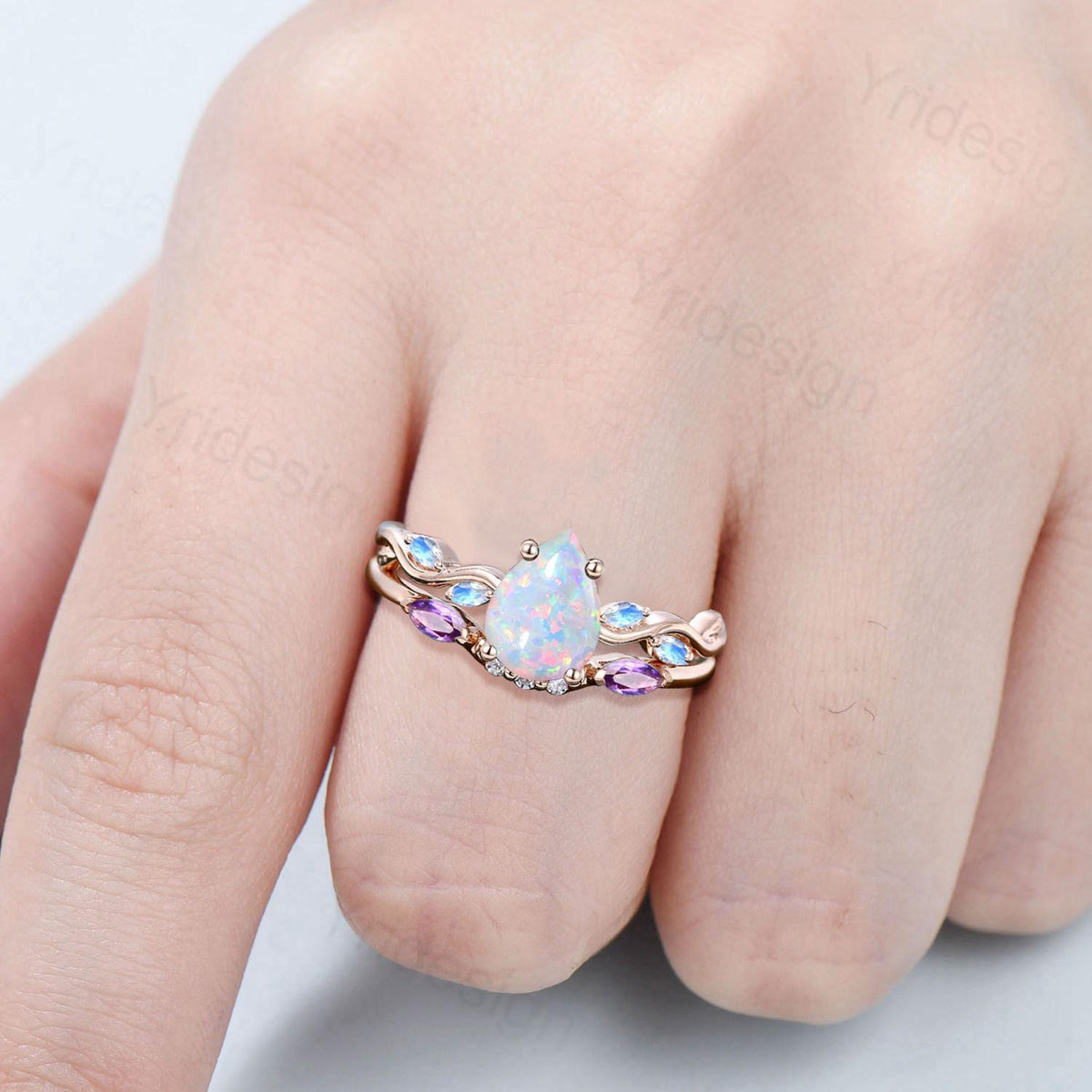 Vintage Pear Shaped White Opal Engagement Ring Set Unique Marquise Moonstone Opal Wedding Ring Set Rose Gold  Amethyst Stacking Band Women
