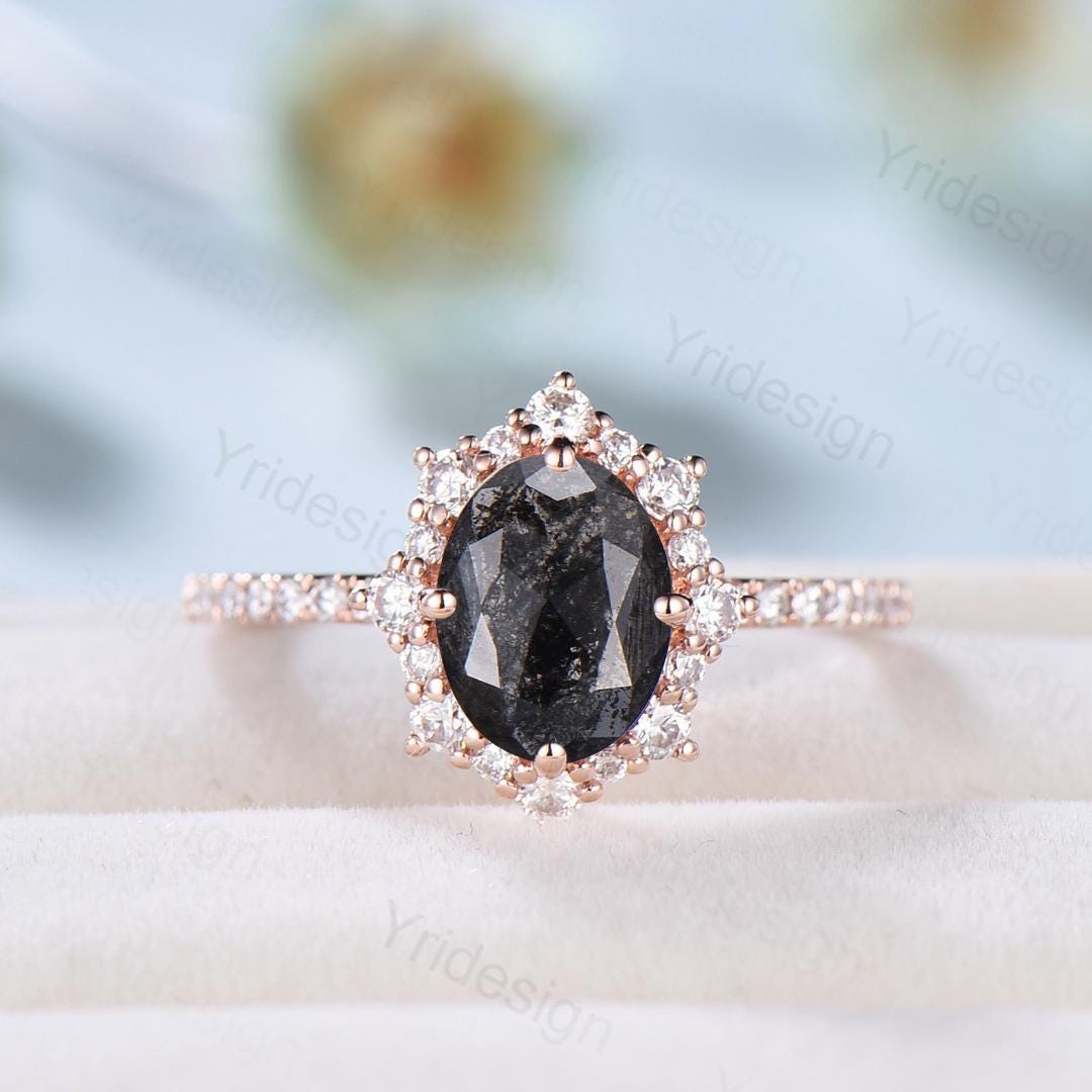 Vintage salt and pepper diamond engagement ring 14k rose gold Retro halo diamond pave set band antique promise ring anniversary gift for Her