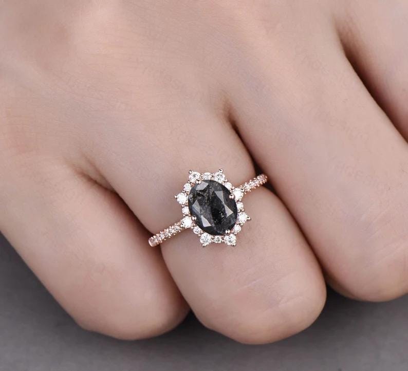 Vintage salt and pepper diamond engagement ring 14k rose gold Retro halo diamond pave set band antique promise ring anniversary gift for Her