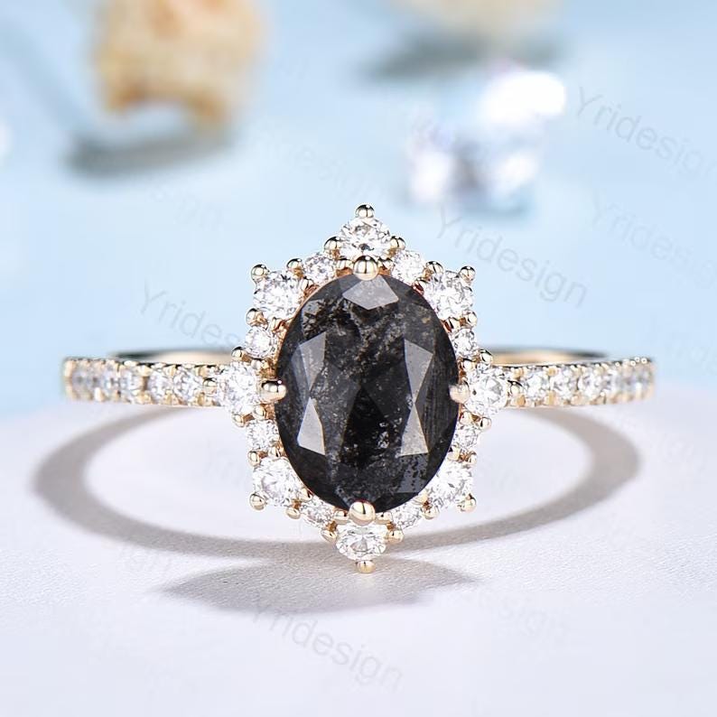 Vintage salt and pepper diamond engagement ring 14k rose gold Retro halo diamond pave set band antique promise ring anniversary gift for Her