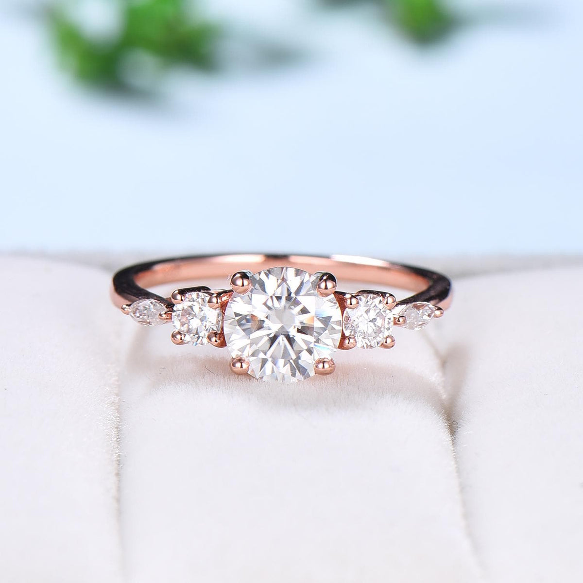 Five Stone IGI Certified Lab Grown Diamond Engagement Ring, Round Cut D Color VVS2 Clarity, Side Round & Marquise lab Diamonds Rose Gold
