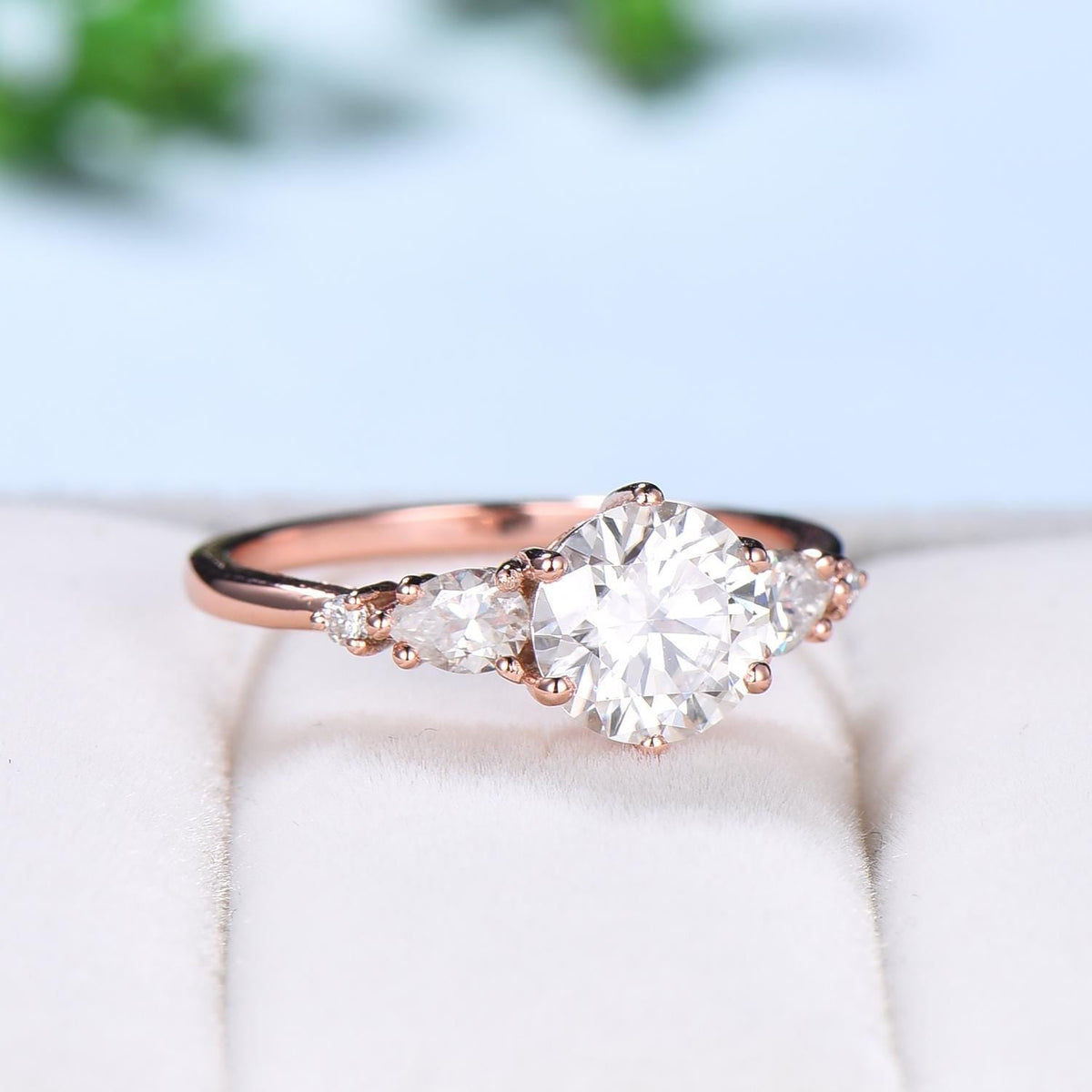 1 Carat D Color VVS2 Clarity IGI Certified Lab Grown Round Cut Diamond Five Stone Engagement Ring, Side Pear & Marquise Diamonds Rose Gold