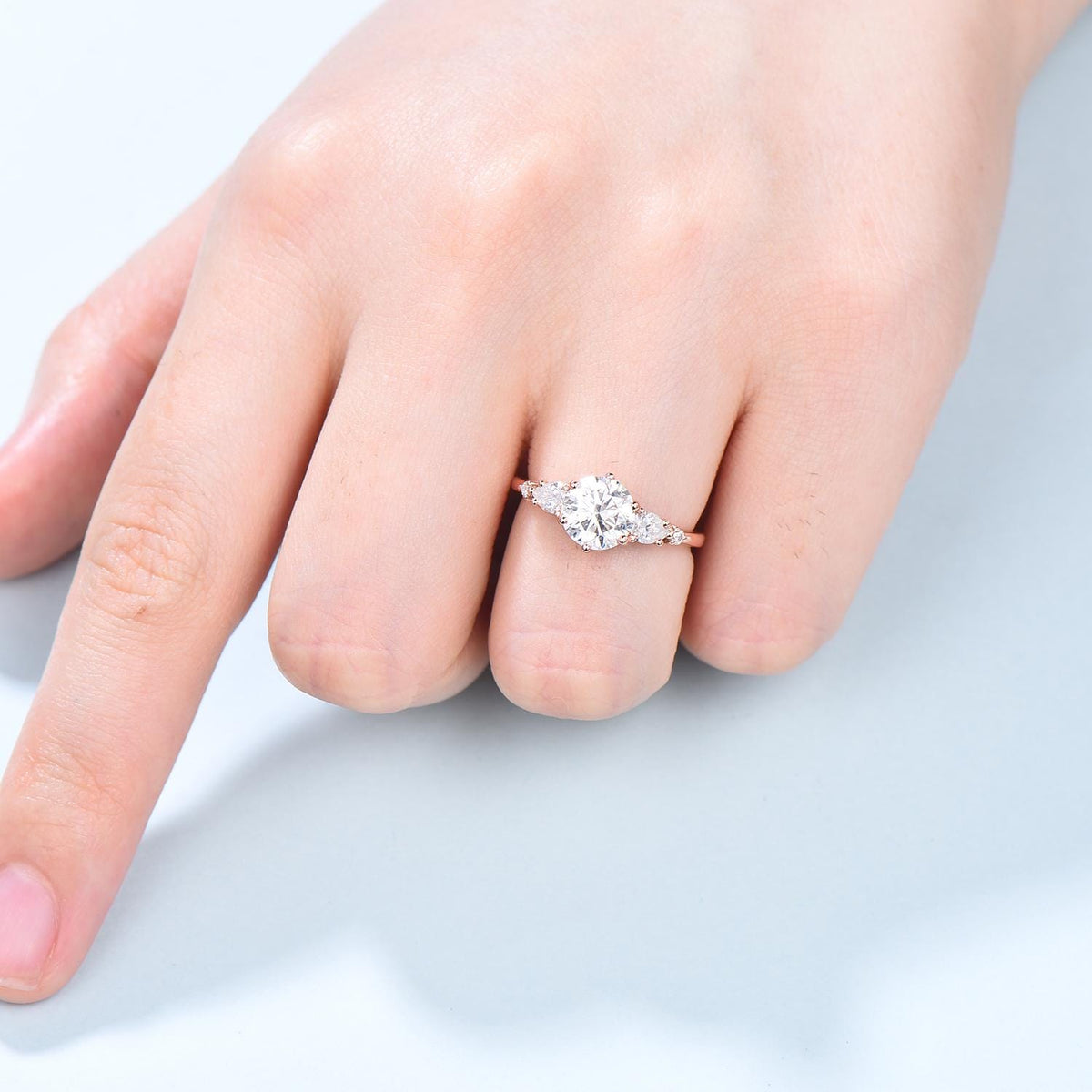 1 Carat D Color VVS2 Clarity IGI Certified Lab Grown Round Cut Diamond Five Stone Engagement Ring, Side Pear & Marquise Diamonds Rose Gold
