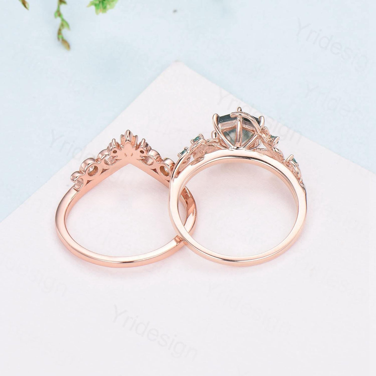 2pcs Hexagon Cut Moss Agate Ring Set Elegant Green Agate Nature Inspired Engagement Ring Emerald Stacking Band Bridal Set Anniversary Gift