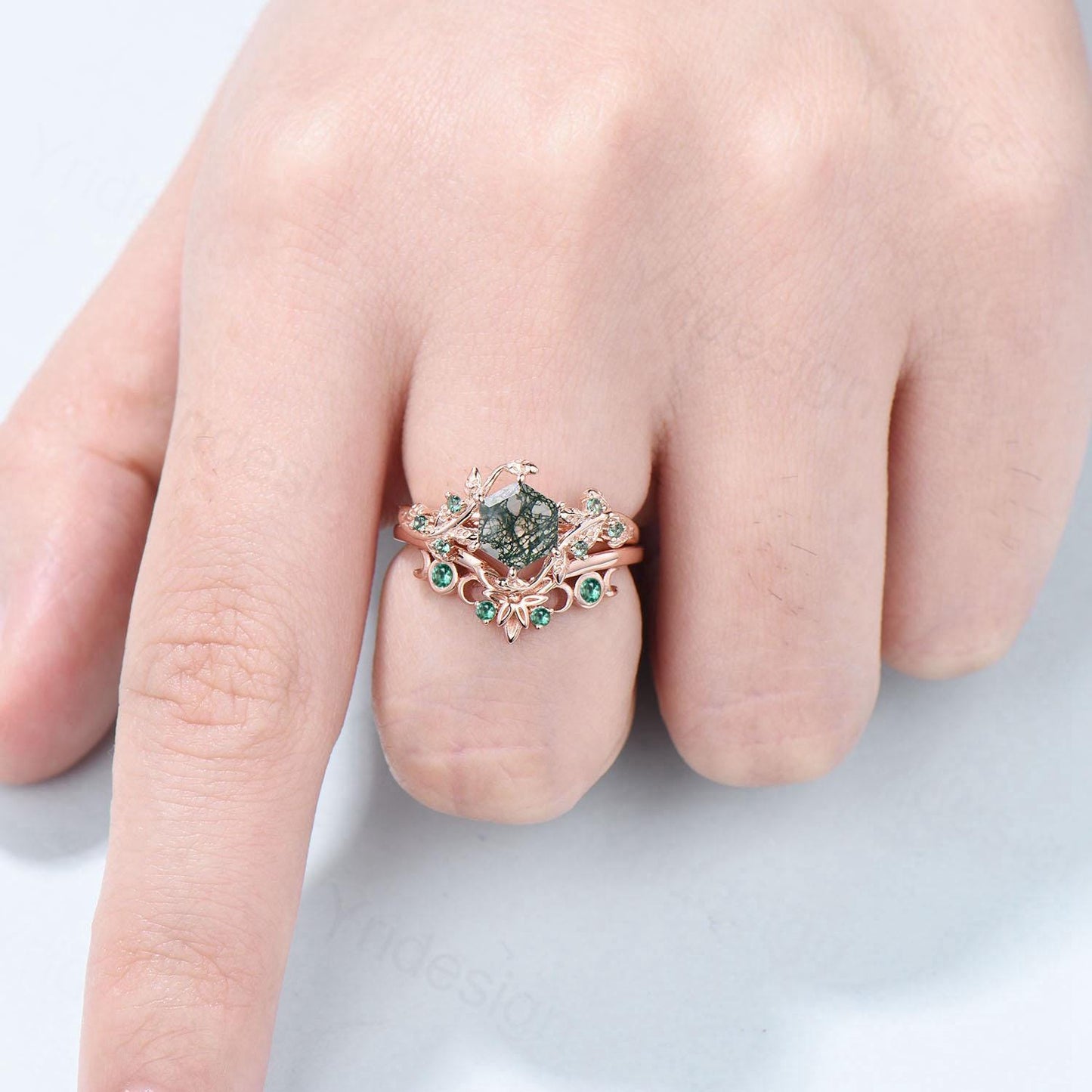 2pcs Hexagon Cut Moss Agate Ring Set Elegant Green Agate Nature Inspired Engagement Ring Emerald Stacking Band Bridal Set Anniversary Gift