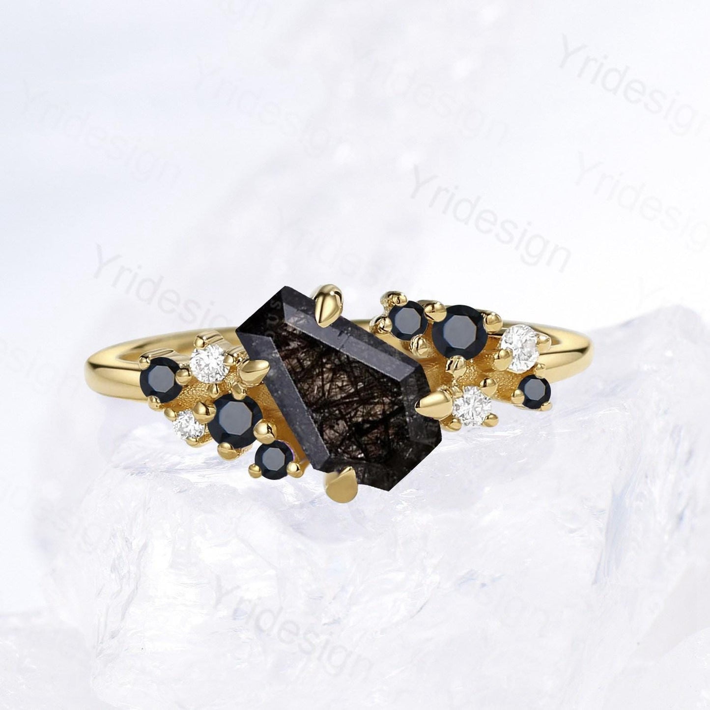 Unique Coffin black rutilated quartz engagement ring cluster natural spinel anniversary ring for women art deco black promise ring