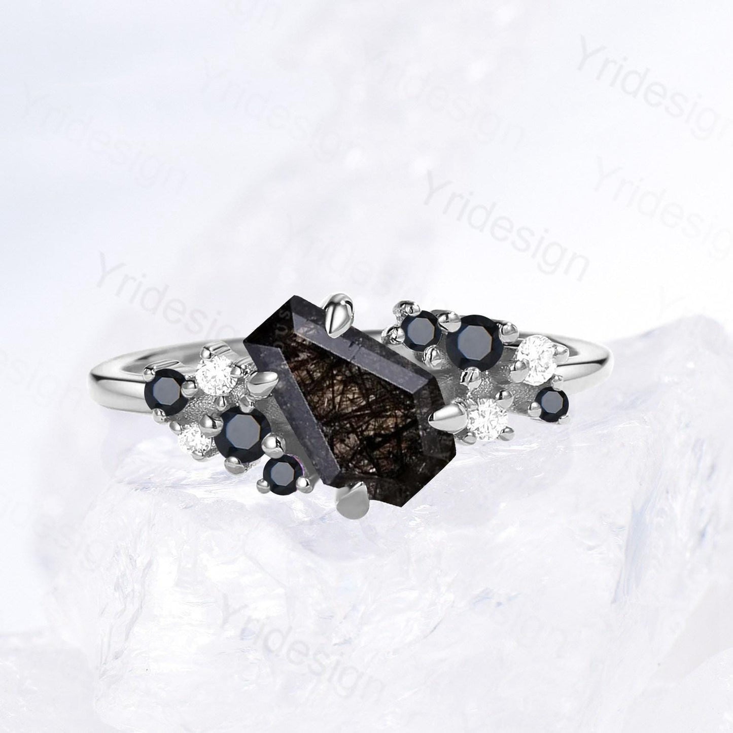Unique Coffin black rutilated quartz engagement ring cluster natural spinel anniversary ring for women art deco black promise ring
