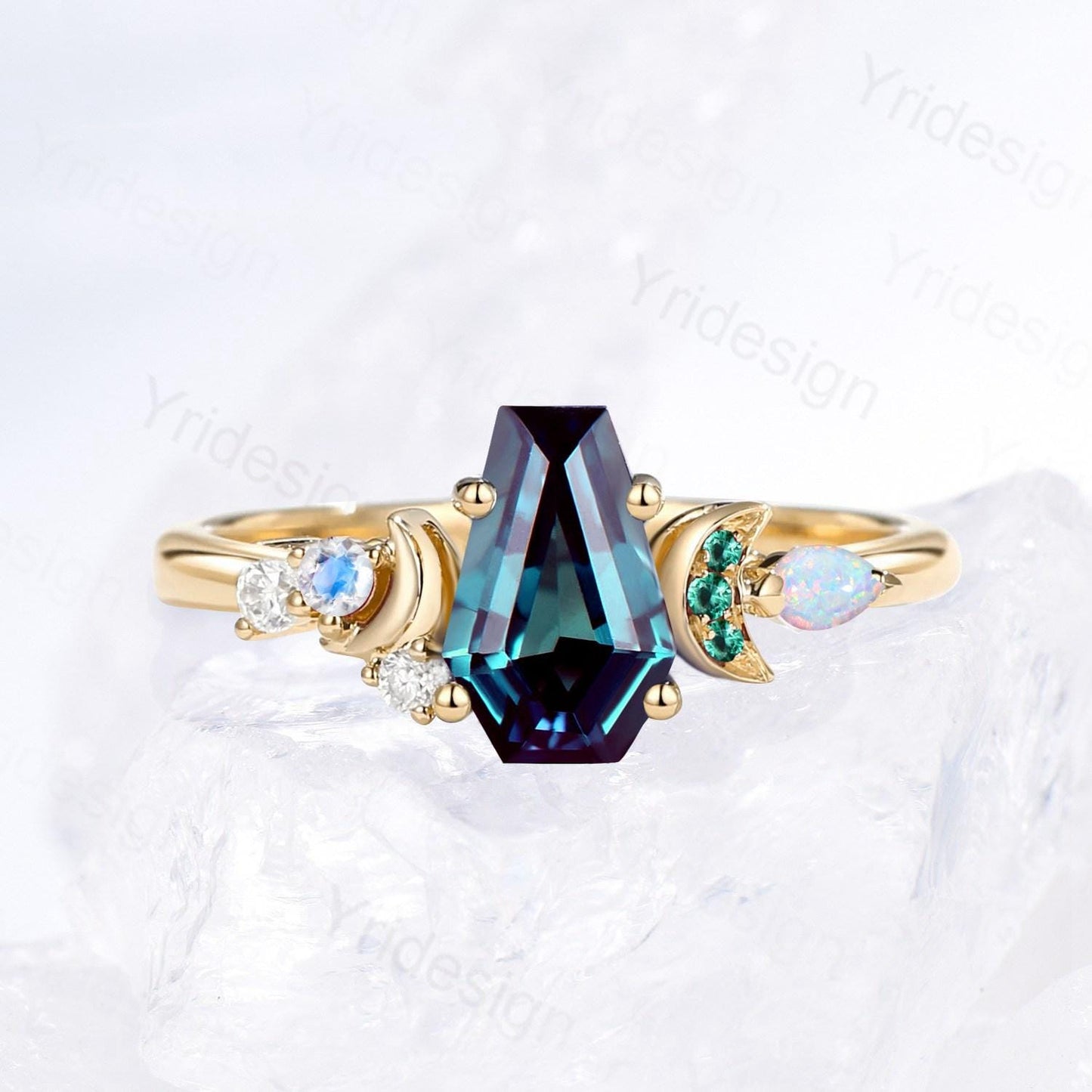 Unique moon ring Coffin cut Alexandrite engagement ring color-change cluster emerald, moonstone and white opal, June birthstone wedding ring