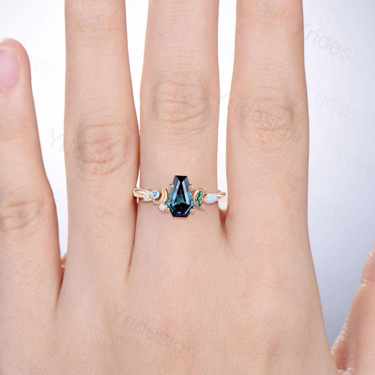 Unique moon ring Coffin cut Alexandrite engagement ring color-change cluster emerald, moonstone and white opal, June birthstone wedding ring