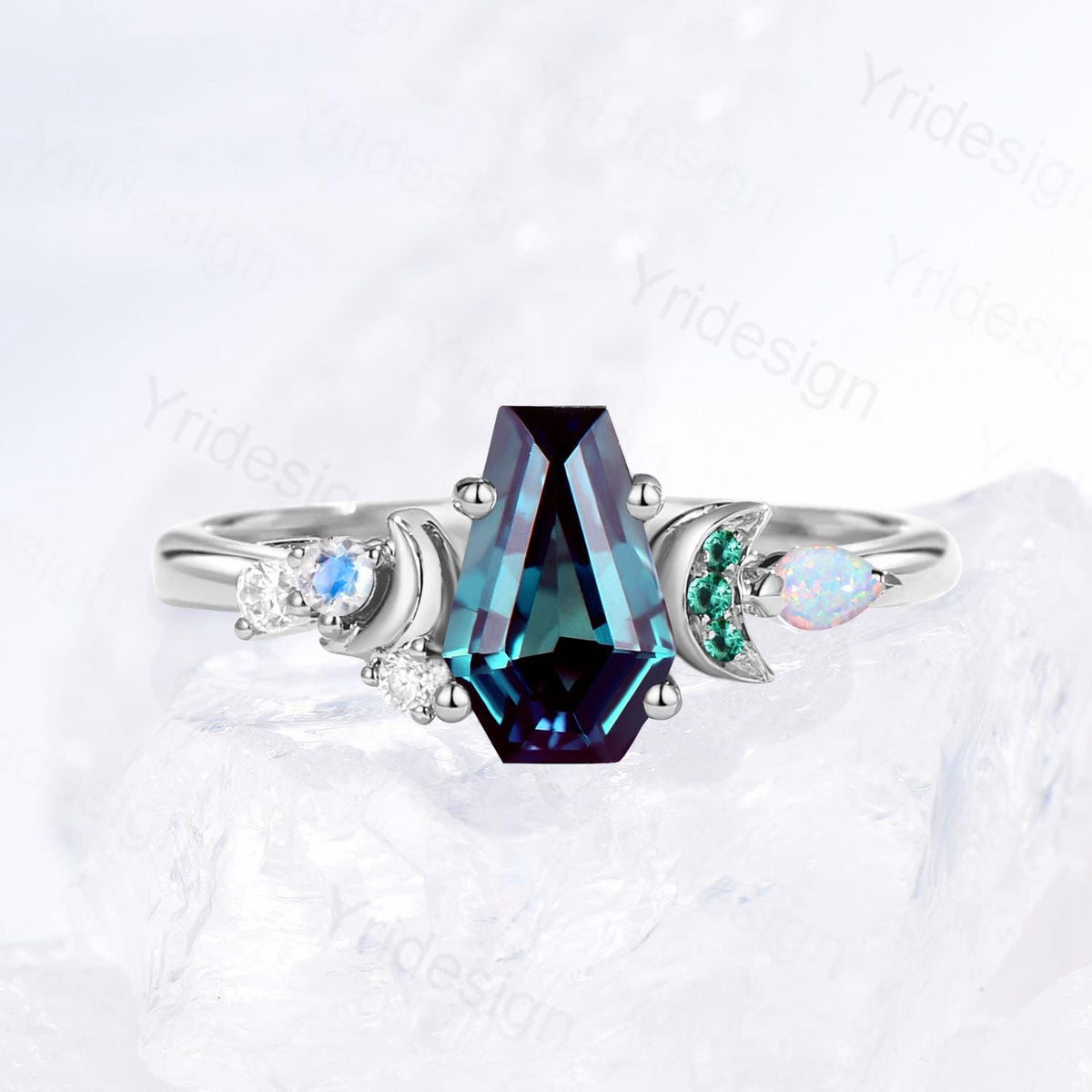 Unique moon ring Coffin cut Alexandrite engagement ring color-change cluster emerald, moonstone and white opal, June birthstone wedding ring