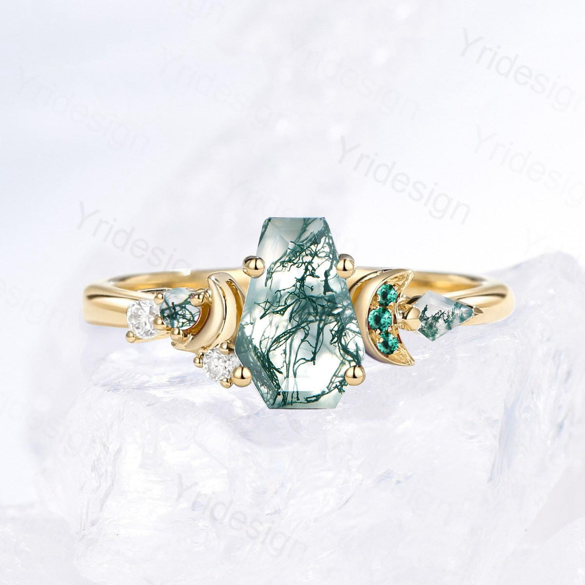 Unique moon ring, Coffin natural green moss agate engagement ring, cluster emerald, kite agate wedding ring, perfect moon anniversary gift