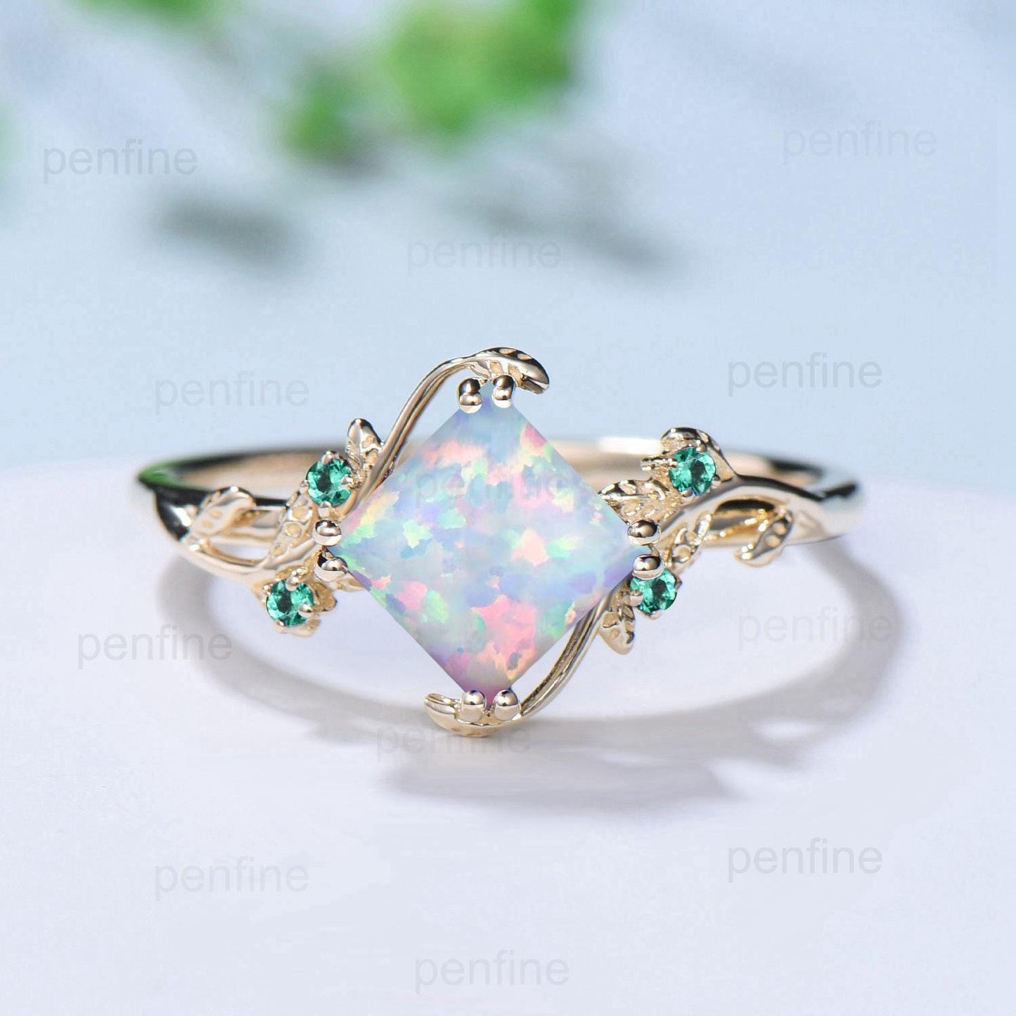 Twig Princess Cut Opal Engagement Ring Vintage White Opal Leaf Ring Nature Inspired  Bridal Ring Branch Cluster emerald Wedding Ring Women