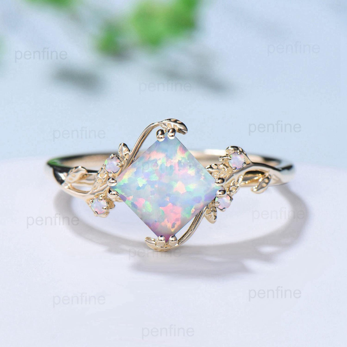 Twig Princess Cut Opal Engagement Ring Vintage White Opal Leaf Ring Nature Inspired  Bridal Ring Branch Cluster emerald Wedding Ring Women