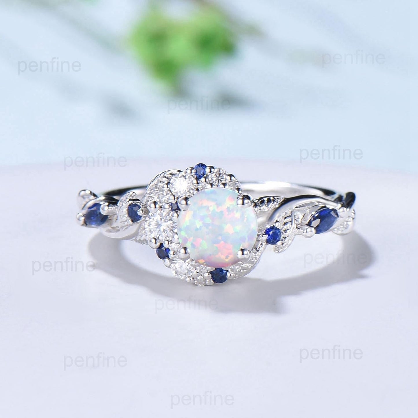 5mm Round White Opal Sapphire Engagement Ring Moon Style Cluster Moissanite Wedding Ring Women Nature Inspired Band October Birthstone Gift