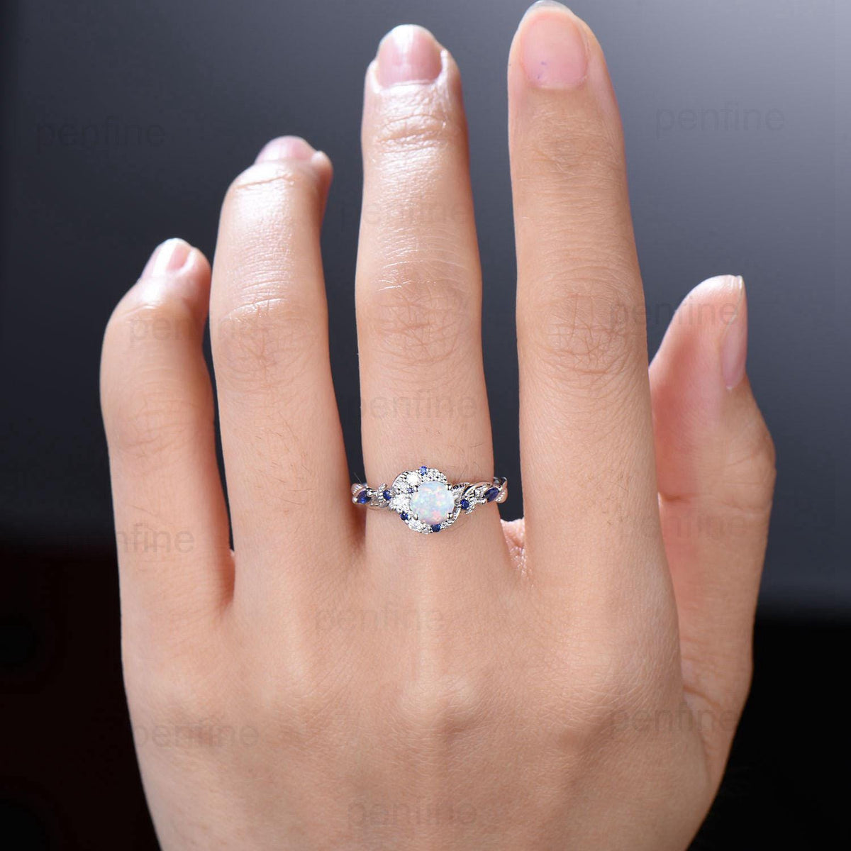 5mm Round White Opal Sapphire Engagement Ring Moon Style Cluster Moissanite Wedding Ring Women Nature Inspired Band October Birthstone Gift