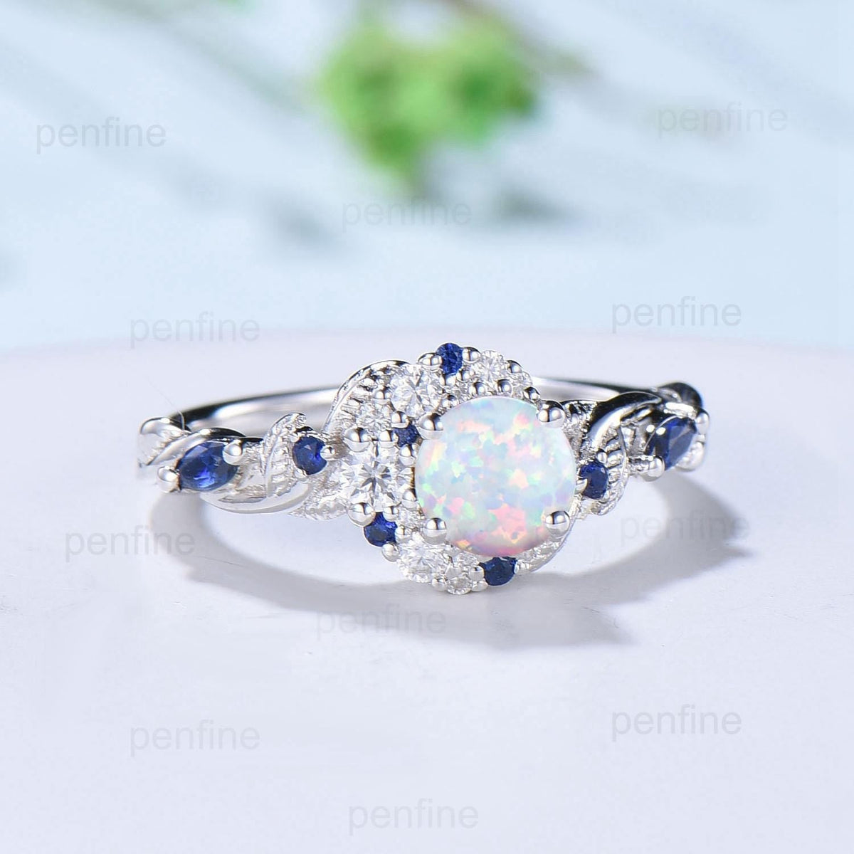 5mm Round White Opal Sapphire Engagement Ring Moon Style Cluster Moissanite Wedding Ring Women Nature Inspired Band October Birthstone Gift