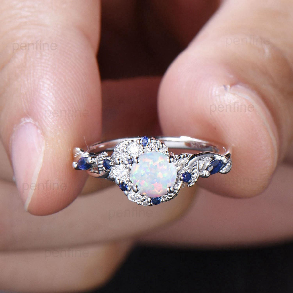 5mm Round White Opal Sapphire Engagement Ring Moon Style Cluster Moissanite Wedding Ring Women Nature Inspired Band October Birthstone Gift