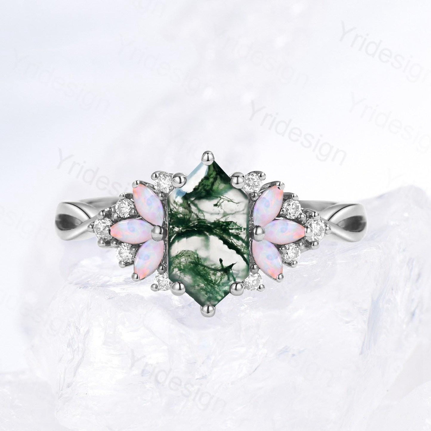 Vintage Long Hexagon cut green moss agate engagement ring cluster marquise cut opal wedding ring art deco infinity band ring for women