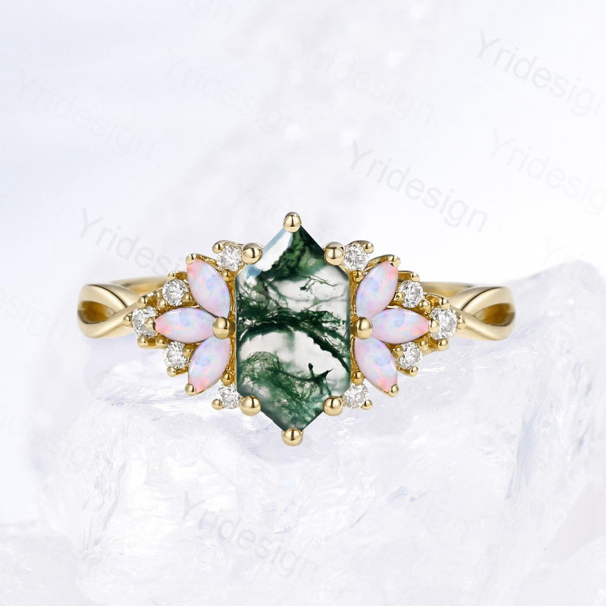 Vintage Long Hexagon cut green moss agate engagement ring cluster marquise cut opal wedding ring art deco infinity band ring for women