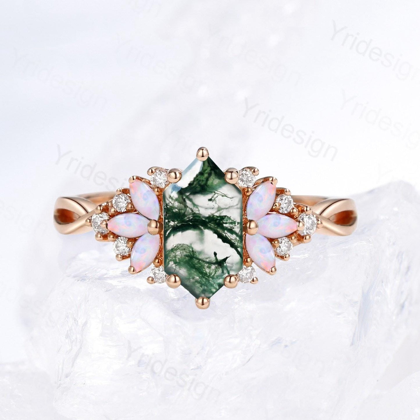 Vintage Long Hexagon cut green moss agate engagement ring cluster marquise cut opal wedding ring art deco infinity band ring for women