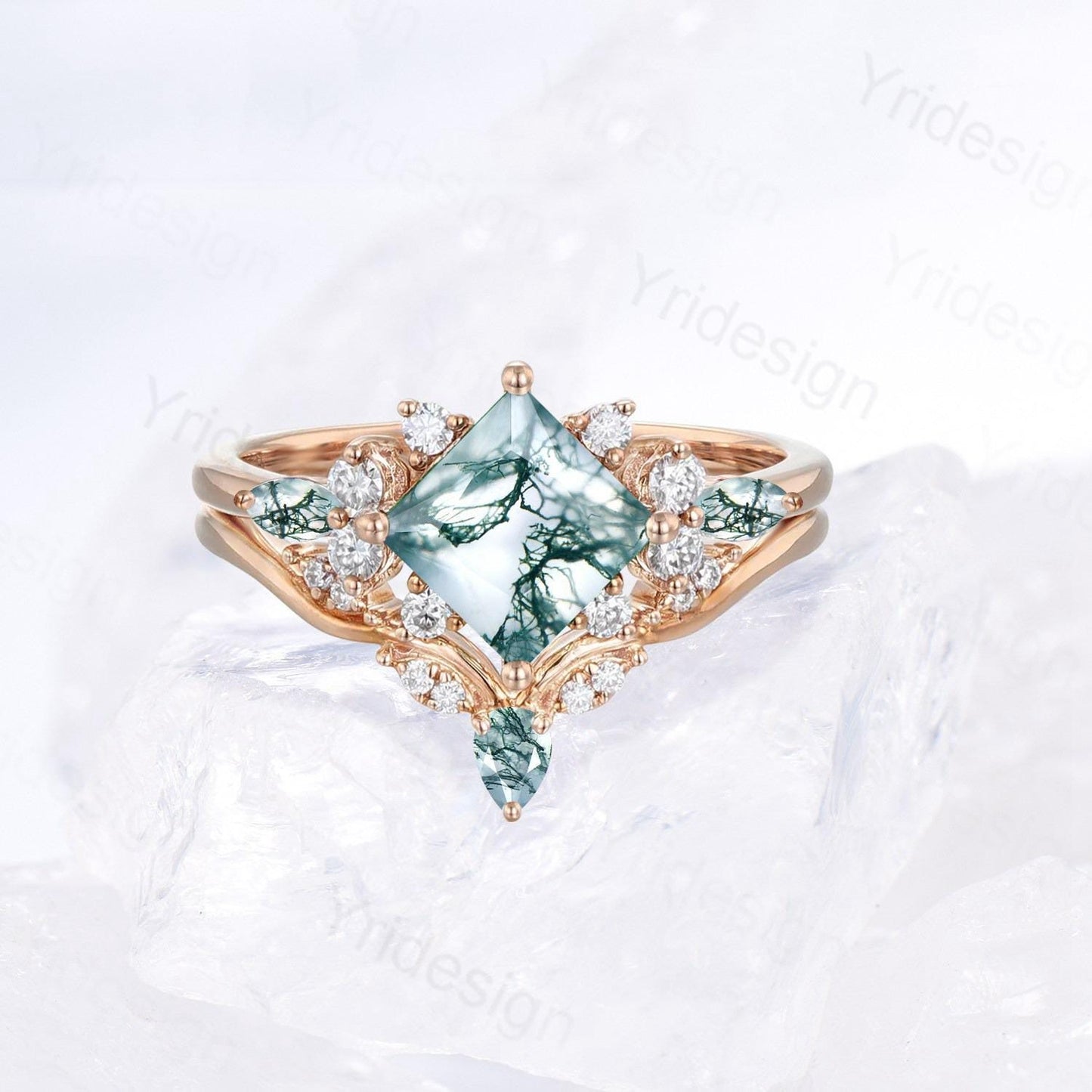 Princess Cut Nature Green Moss Agate Engagement Ring 14K Rose Gold  Cluster Bridal Ring Set Unique Art Deco Moissanite Bridal Ring For Women