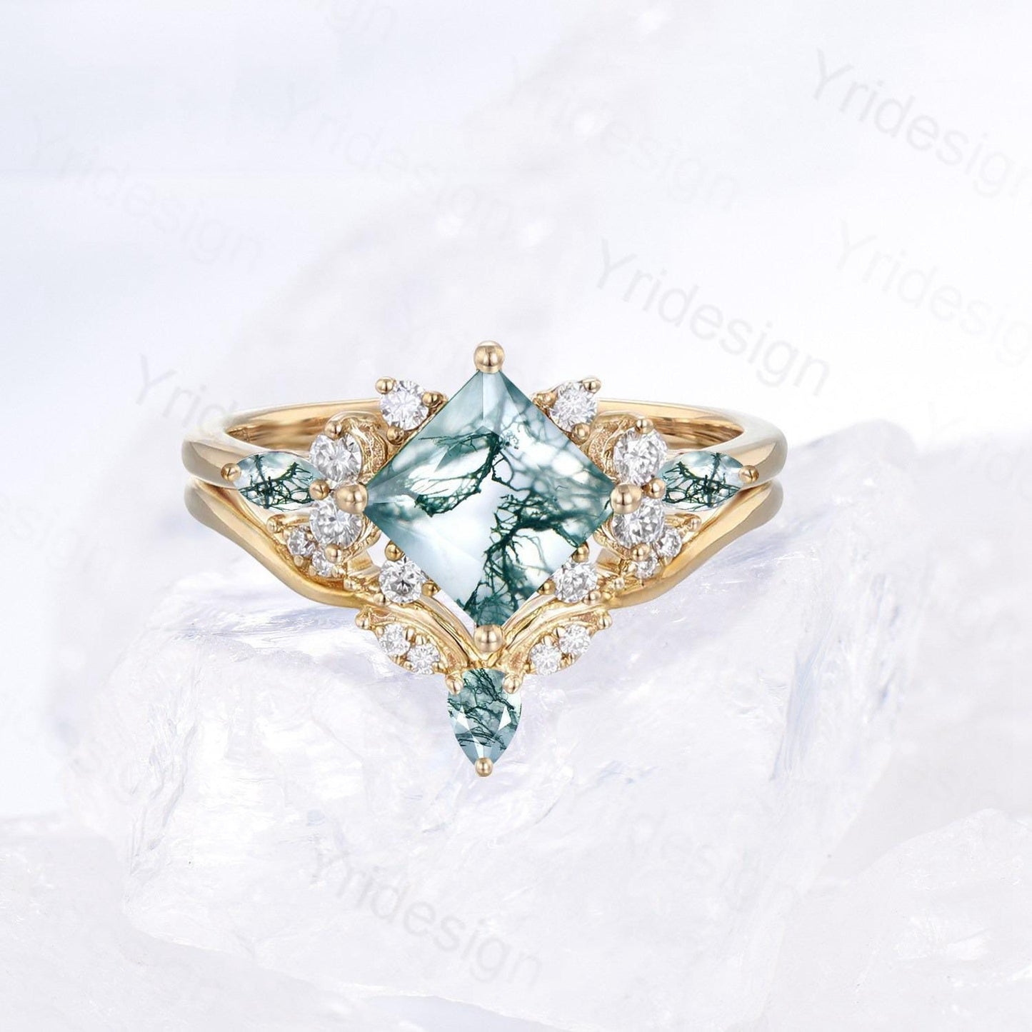Princess Cut Nature Green Moss Agate Engagement Ring 14K Rose Gold  Cluster Bridal Ring Set Unique Art Deco Moissanite Bridal Ring For Women
