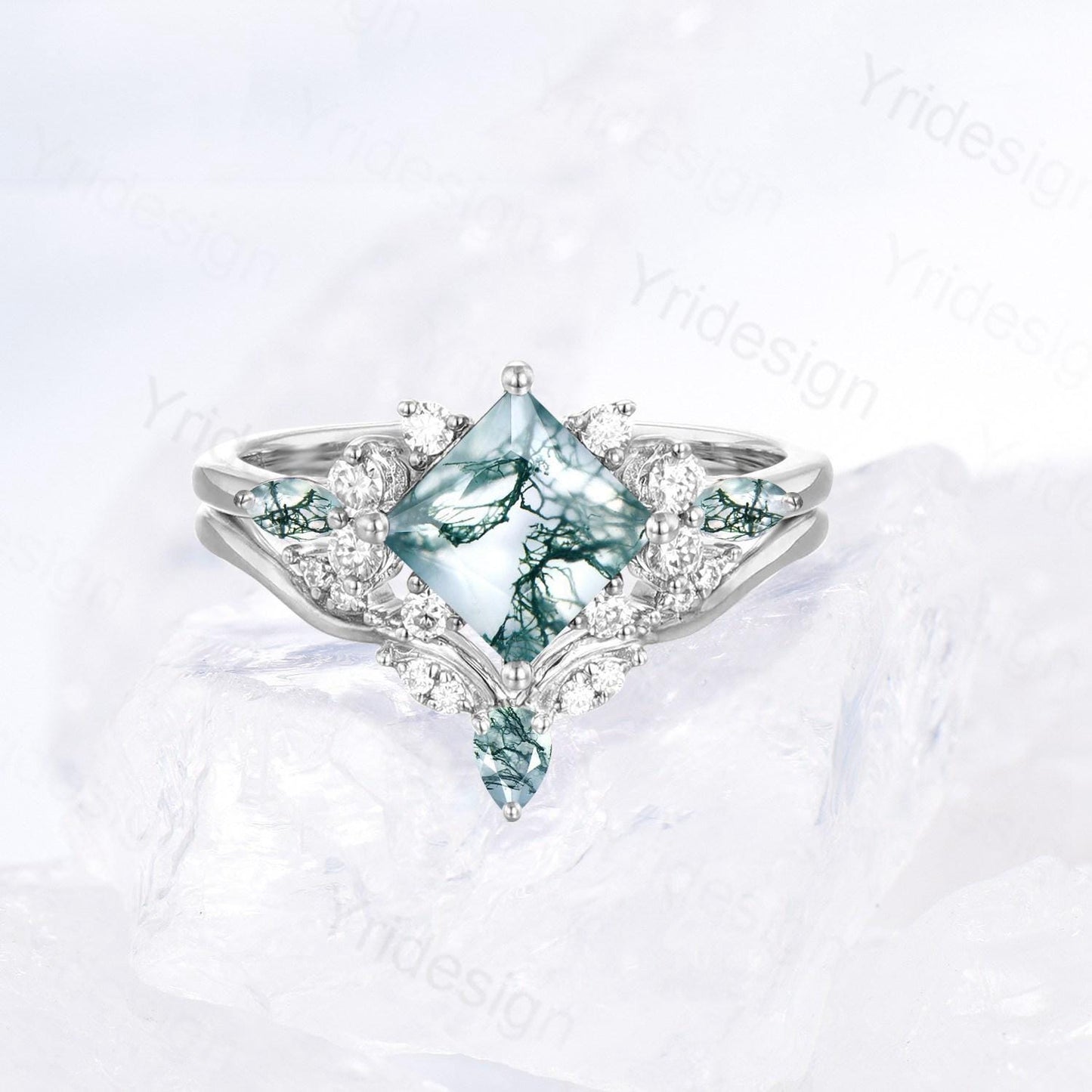 Princess Cut Nature Green Moss Agate Engagement Ring 14K Rose Gold  Cluster Bridal Ring Set Unique Art Deco Moissanite Bridal Ring For Women