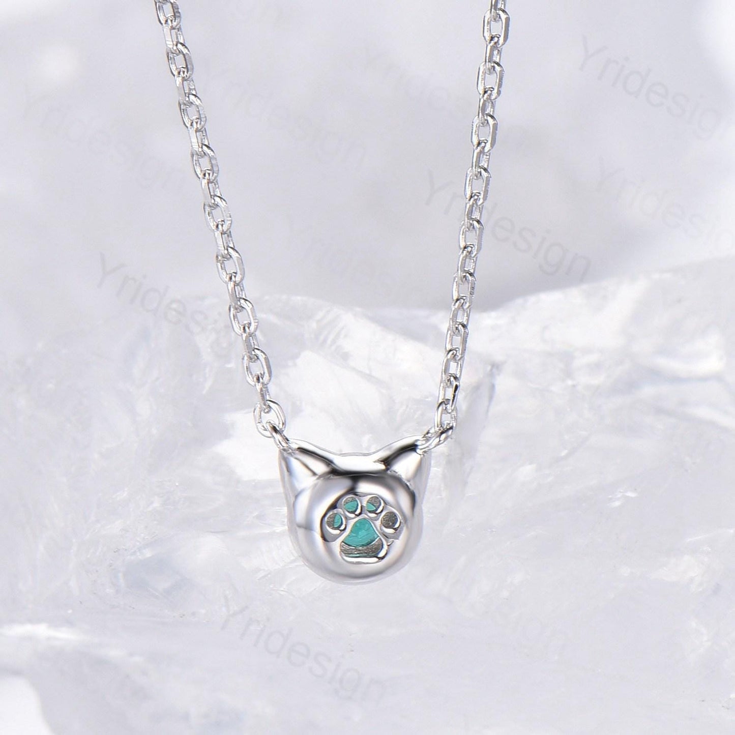 Dainty cat emerald pendant necklace, silver white gold pendant necklace unique personalized gift, Cat's Paw anniversary gift for daughter
