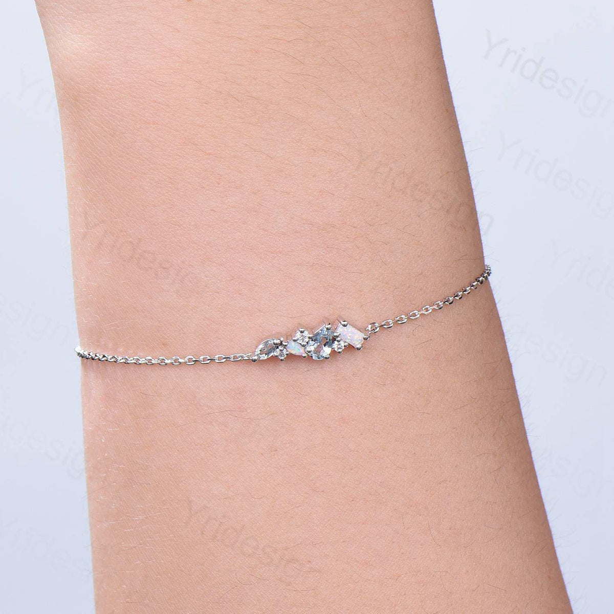 Elegant Pear Shaped Aquamarine Bracelet Multi-Stone Baguette White Opal Lobster Claw Bracelet Silver Gold Art Deco Anniversary Gift Women
