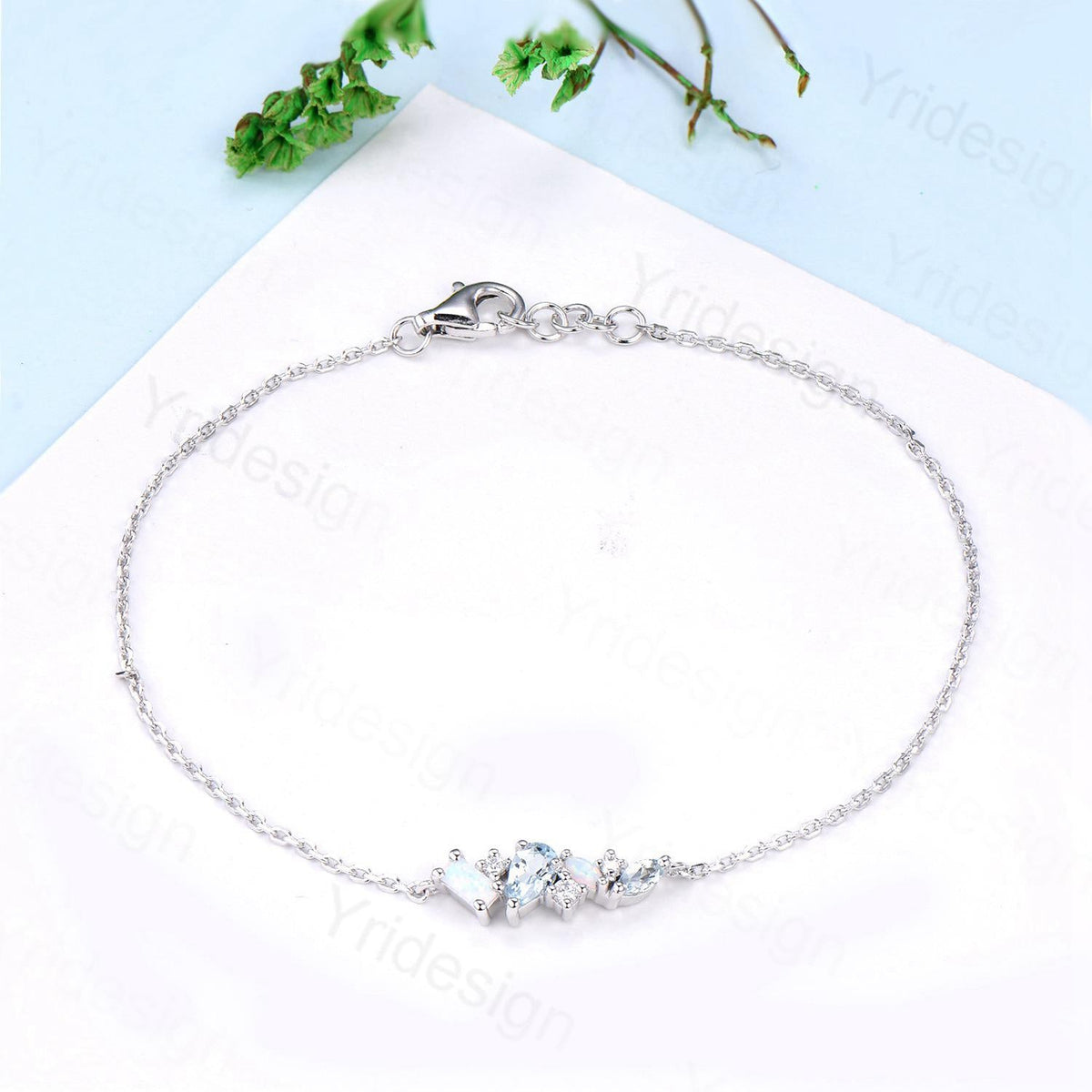 Elegant Pear Shaped Aquamarine Bracelet Multi-Stone Baguette White Opal Lobster Claw Bracelet Silver Gold Art Deco Anniversary Gift Women