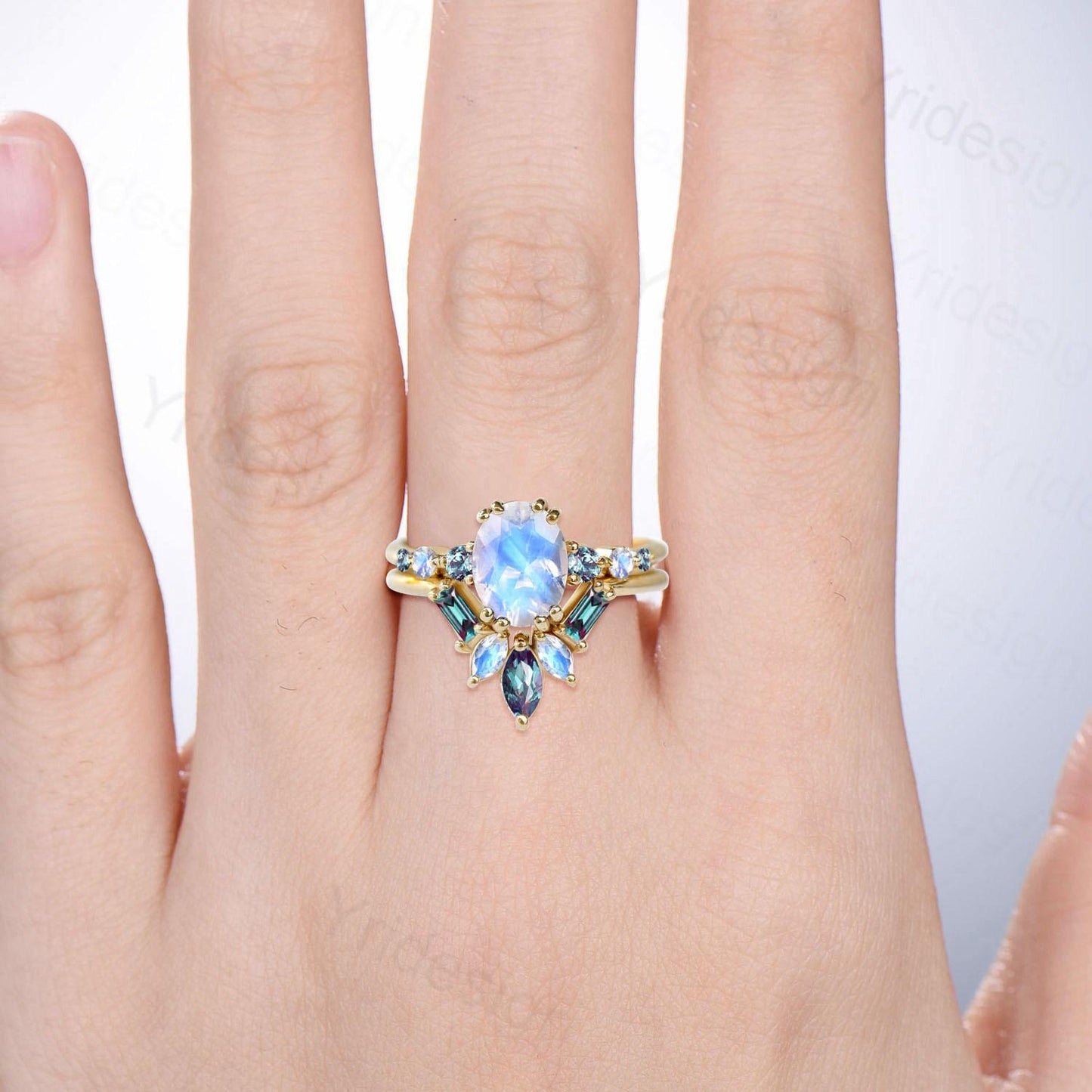 1.5CT Natural Oval Moonstone Engagement Ring Set Unique Seven Stone Alexandrite June Birthstone Bridal Set Unique Anniversary Ring For Women