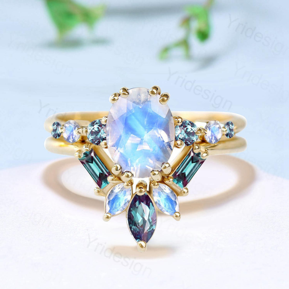 1.5CT Natural Oval Moonstone Engagement Ring Set Unique Seven Stone Alexandrite June Birthstone Bridal Set Unique Anniversary Ring For Women