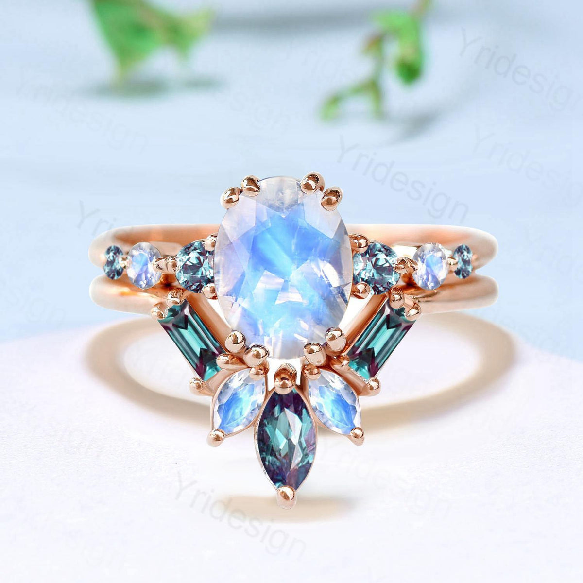 1.5CT Natural Oval Moonstone Engagement Ring Set Unique Seven Stone Alexandrite June Birthstone Bridal Set Unique Anniversary Ring For Women