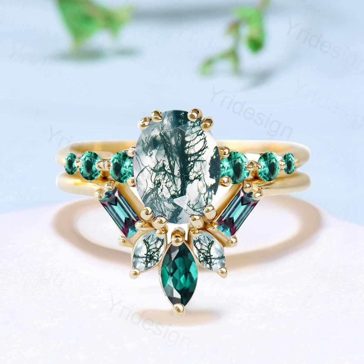 1.5CT Natural Oval  Green Moss Agate Engagement Ring Set Unique Seven Stone Alexandrite Emerald Bridal Set Unique Anniversary Ring For Women