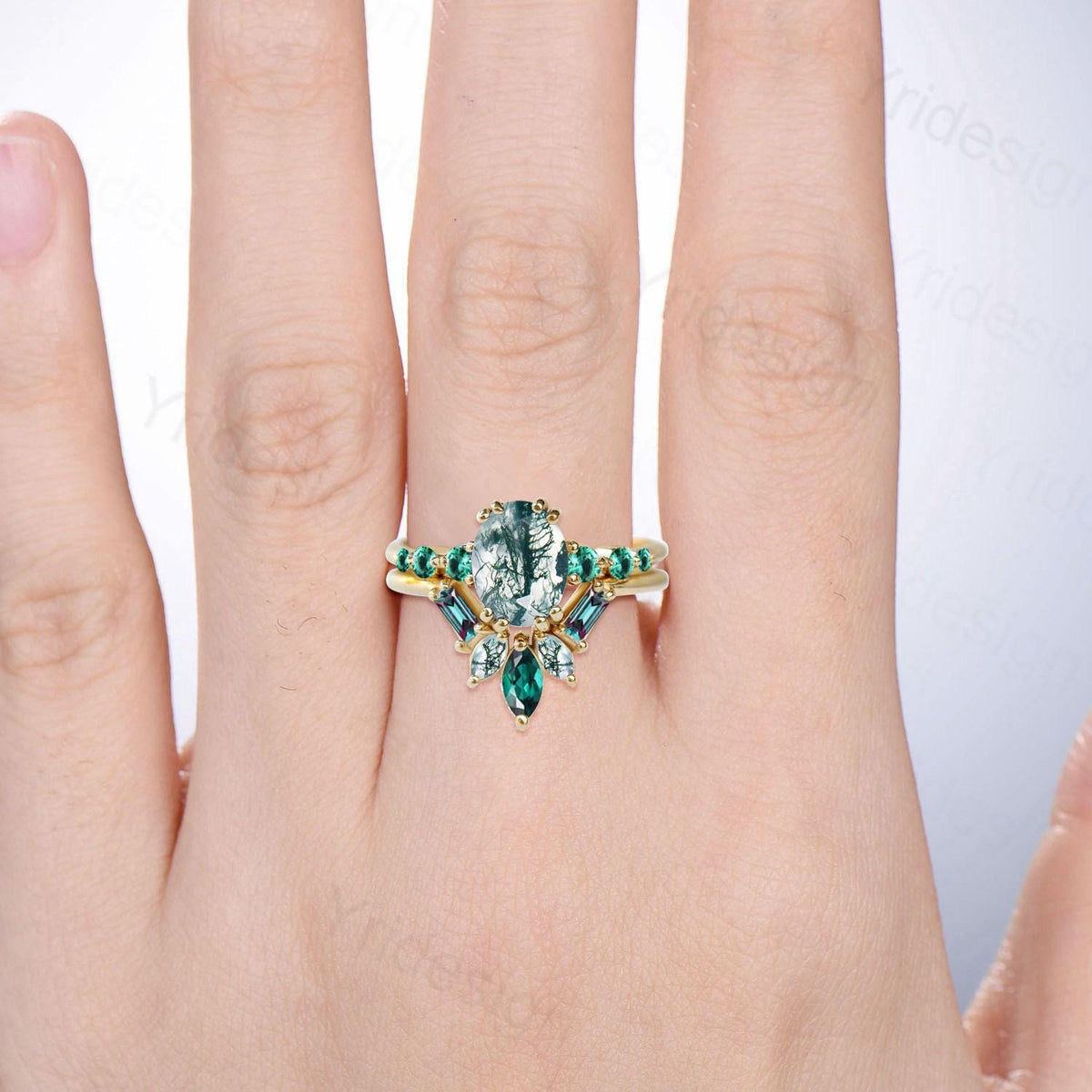 1.5CT Natural Oval  Green Moss Agate Engagement Ring Set Unique Seven Stone Alexandrite Emerald Bridal Set Unique Anniversary Ring For Women
