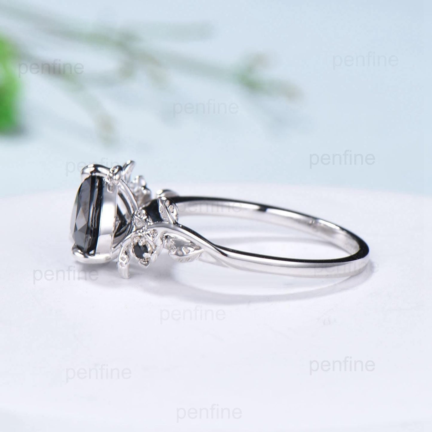 Leaf Twig Heart Shaped Black Moissanite Ring Floral Nature Inspired Engagement Ring Unique Branch Wedding Anniversary Ring Gifts for Women
