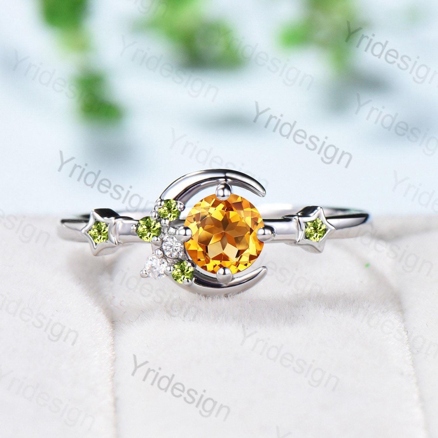 Vintage Peridot Citrine Wedding Ring Women Unique Crescent Moon Birthstone Ring Unique Art Deco Matching Band Anniversary Gift for Daughter